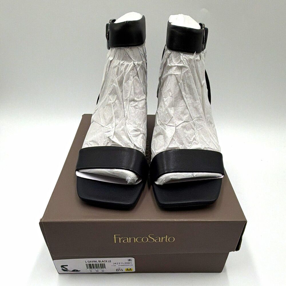 Franco Sarto Savini Black Leather Square Toe Ankle Strap Heel Sandals Size 8.5